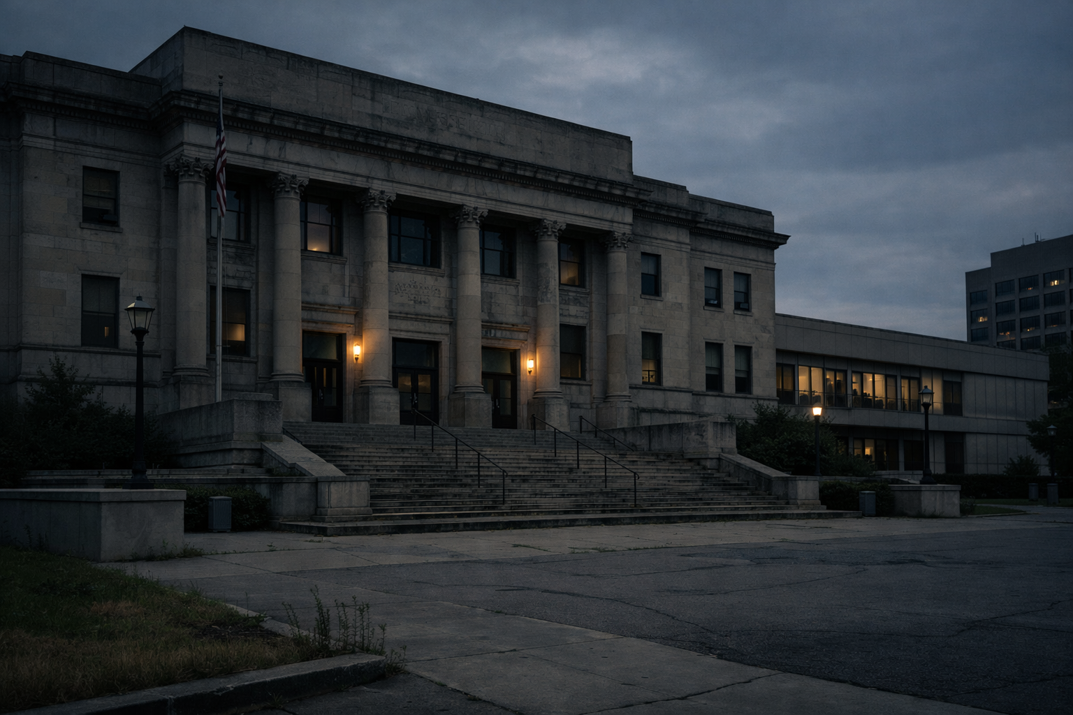 A civic building showing subtle signs of deferred maintenance at dusk