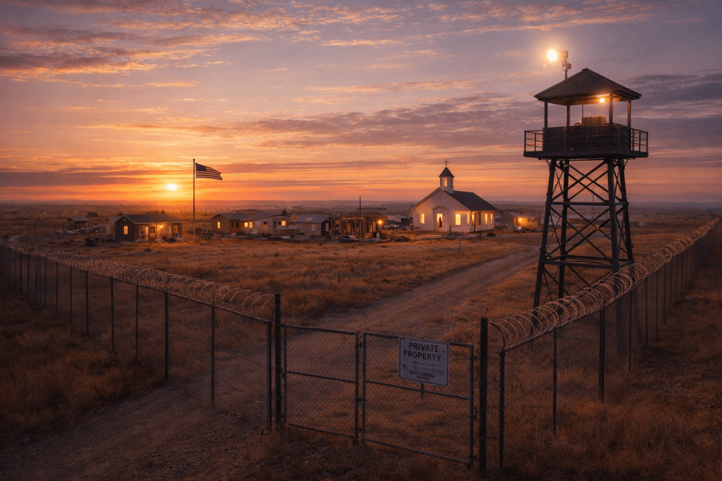 A rural Texas compound at dusk, surrounded by a tall perimeter fence with a lone watchtower along the edge. A cluster of small unfinished homes sits inside the fence, some with exposed framing and missing siding. A modest church stands off-center in the background, its windows faintly lit. Long shadows stretch across the dusty ground as the sun sinks behind the plains, creating a tense, watchful mood.